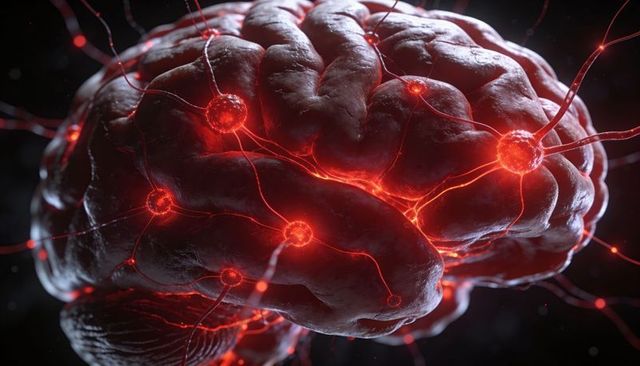 Glowing neural network brain pulsing red synapses and holographic cortex connections