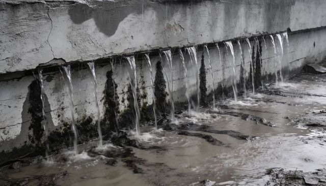 Concrete outlets pouring water, moss-stained wall draining into muddy runoff channel