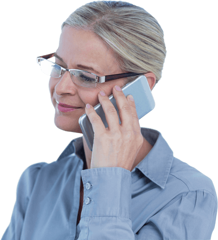 Professional businesswoman engaged in a transparent phone call