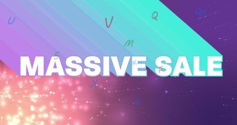 Colorful massive sale banner with floating letters and sparkles