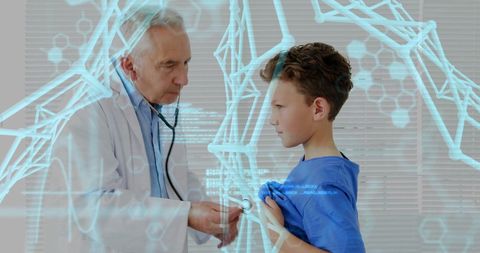 Doctor Using Stethoscope Checking Young Boy with Digital Interface Concept