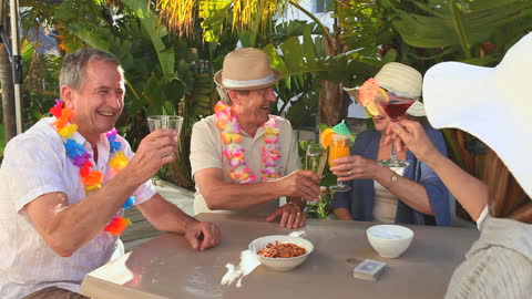 Mature Friends Enjoying Refreshing Drinks at Tropical Getaway