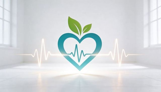 Teal heart with ecg line and green leaves representing eco health and wellness logo
