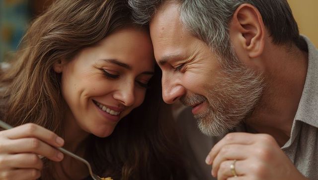 Mature couple leaning close sharing spoon during cozy home meal showing intimacy