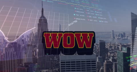 Wow Text Over Financial Graph Cityscape Digital Animation