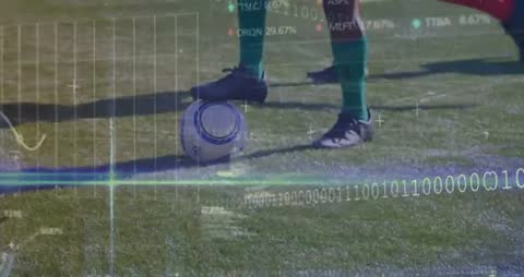 Soccer Players Engaging on Field with Data Analytics Overlay