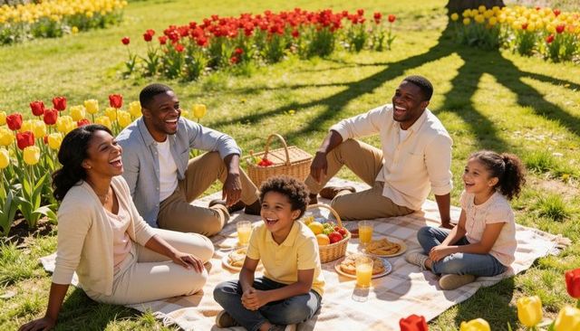Laughing family enjoying picnic among tulips in sunny spring park
