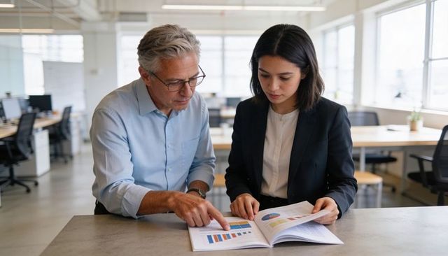 Senior mentor reviewing financial report with junior executive in modern open-plan office workspace