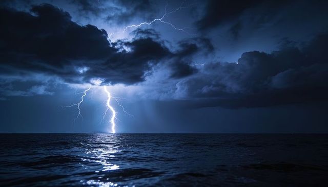 Forked lightning striking ocean beneath storm clouds, illuminating choppy sea at night