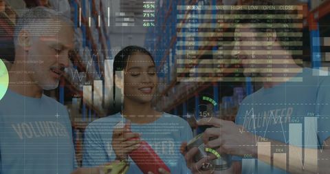 Volunteers managing donation bags with data overlays