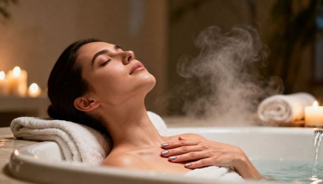 Woman relaxing in candlelit spa bath with steam, rolled towels and gentle faucet flow