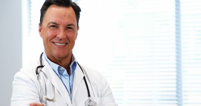 Smiling Senior Doctor in White Coat with Stethoscope in Bright Office - Download Free Stock Images Pikwizard.com