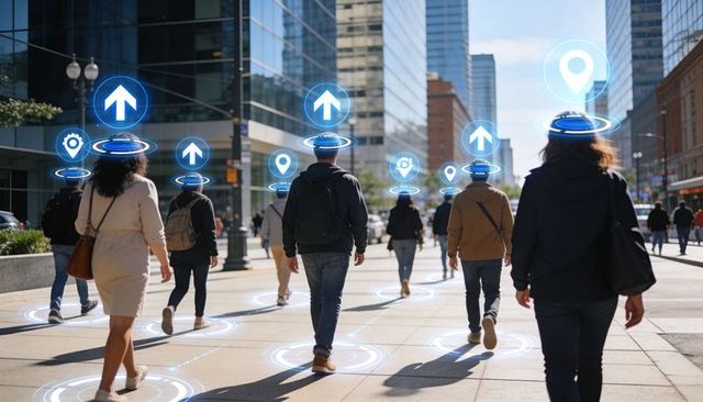 Urban commuters navigating with augmented reality icons on sunlit downtown sidewalk