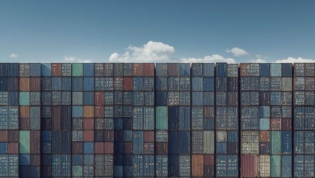 Stacking weathered shipping containers forming colorful industrial grid at port yard