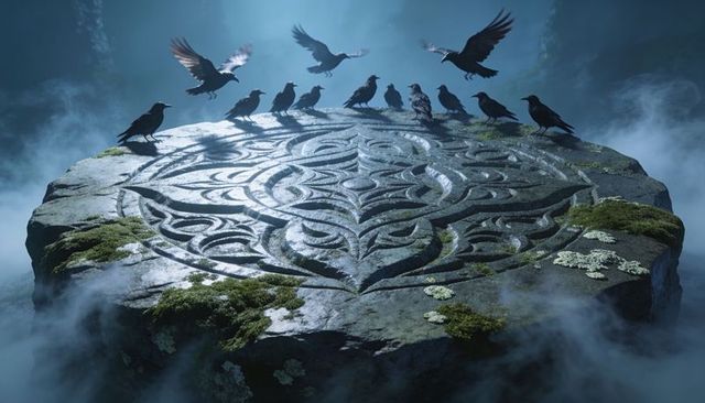 Mystic raven gathering on glowing knotwork stone circle with mist and cliffside moss