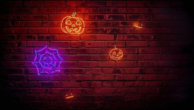 Neon halloween decor on red brick wall with pumpkins and spiderweb