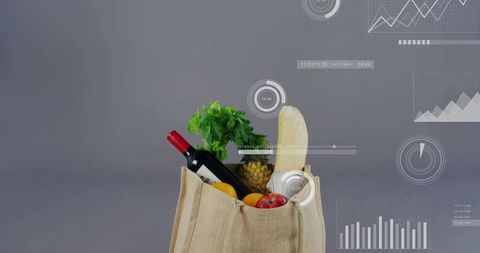 Reusable cloth tote holding wine, baguette, pineapple, herbs and fruit with hud overlay