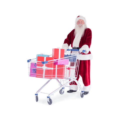 Santa Claus Transparent Background with Shopping Cart Full of Gifts