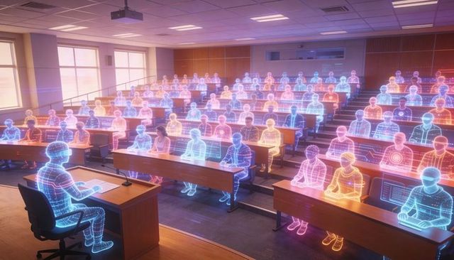 Futuristic lecture hall showcasing neon holographic students attending tech lecture