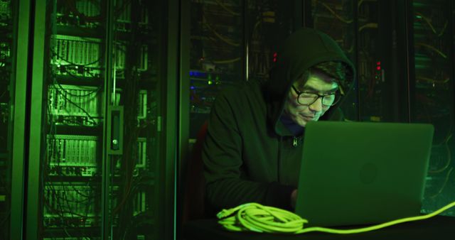 Hacker is committing cyber crime in dark room. Person wearing hood operates laptop in server room with green lighting. Useful for illustrating cyber threats, data breaches, computer security awareness, hacker activity, and IT security training.