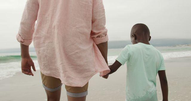 African american father and son holding hands on beach. Lifestyle, fatherhood, childhood, summer, leisure and vacation, unaltered.