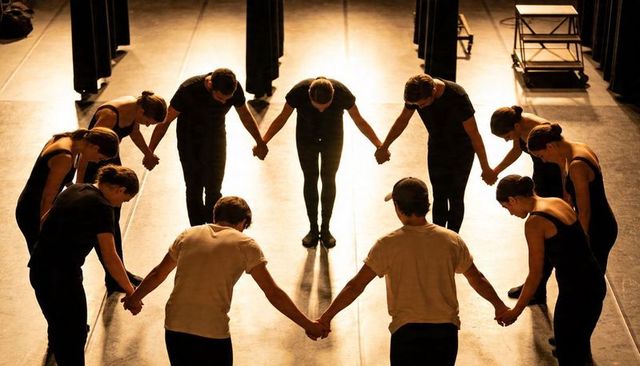 Dancers holding hands bowing heads in circle under warm stage spotlights during rehearsal