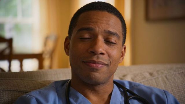 Clinician in blue scrubs resting on couch during quiet staff break highlighting healthcare calm
