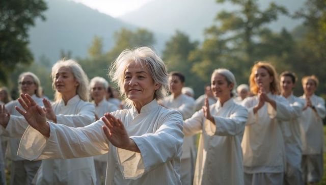 Senior women practicing tai chi at sunrise in meadow wearing white tunics for wellness