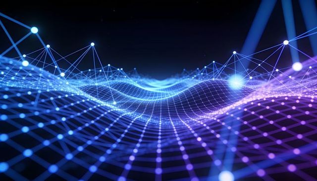Undulating neon wireframe network connecting glowing nodes over futuristic data grid