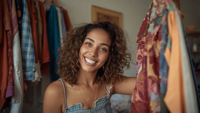 Casual smiling woman exploring fashion choices in colorful wardrobe