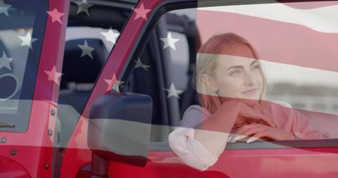 Caucasian Woman Enjoying Beach Drive with American Flag Overlay