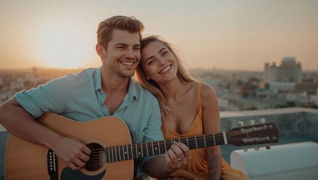 Couple enjoying rooftop serenade at sunset