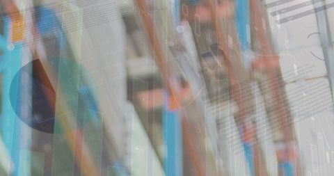 Financial Data Overlay on Warehouse Background Symbolizing Technology and Logistics