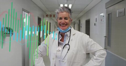Senior Doctor in Clinic Hallway with Overlay of Digital Medical Graph