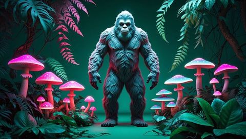 Enigmatic yeti figure in neon-lit enchanted forest