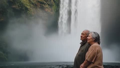Senior couple watching waterfall, leaning close in misty river gorge embracing moment