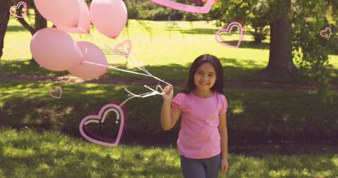 Girl Walking with Pink Balloons and Heart Overlay in Sunny Park - Download Free Stock Images Pikwizard.com