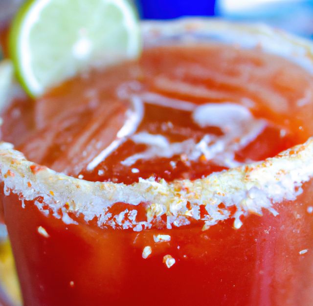 Image of close up of michelada drink in glass with sugar frosted edge and slice of lime. Mexican and alcoholic drink concept.