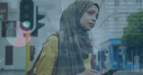 Financial analysis overlay with woman in hijab using smartphone