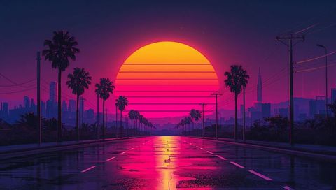 Neon sunset boulevard with giant stylized sun reflecting on wet road — synthwave cityscape
