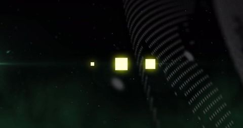 Glowing neon squares floating in cosmic green void with ribbed light arc and lens flare
