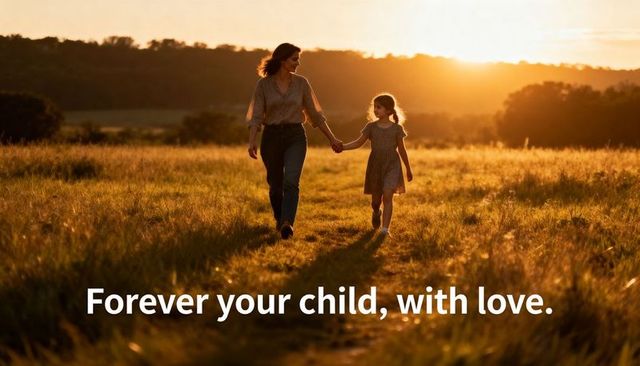 Mother walking hand in hand with daughter through golden meadow at sunset