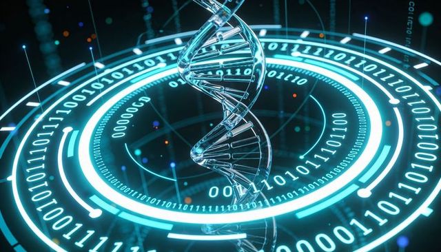 Floating transparent dna helix above holographic binary interface for genomic visualization
