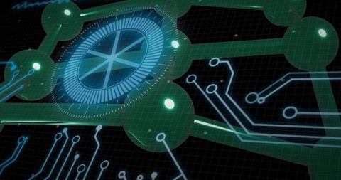 Holographic Circuit Hub Glowing Teal Dial with Network Nodes, Neon Traces and Grid Interface