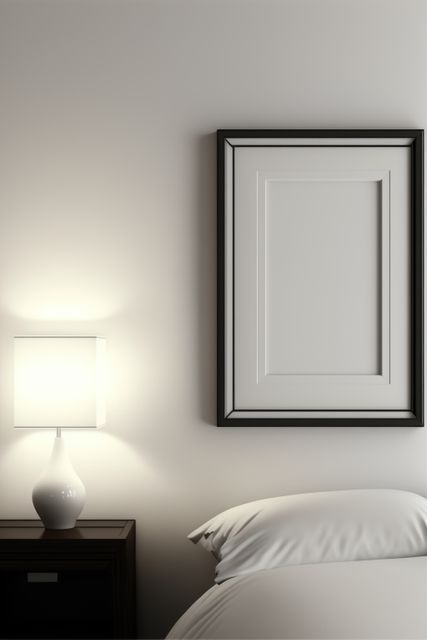 Featuring a clean and minimalist interior design, this modern bedroom showcases a framed artwork on the wall, a comfortable white bed, and a sleek bedside lamp on a wooden nightstand. Ideal for use in home decor magazines, interior design blogs, or product marketing for furniture and homeware brands.