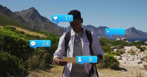 Solo Hiker Navigating Coastal Trail with Social Media Icons