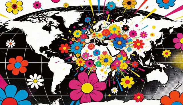 Retro floral world map pop art poster with colorful flowers, halftone bursts, global design