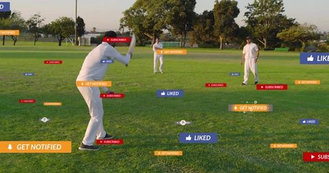 Left-handed batter adjusting grip with teammates fielding and social media overlays