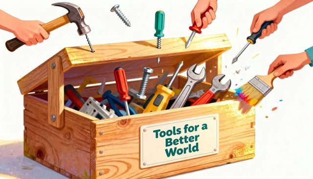 Hands collaborating, painting and hammering wooden toolbox for community improvement