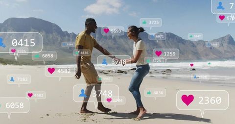 Couple holding hands on beach with social media likes and followers overlay